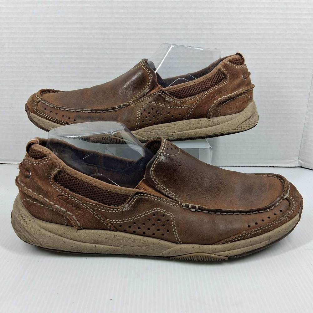 Clarks Mens 30539 Brown Leather Suede Slip On Loafers Moc Toe Shoes Size 9M
